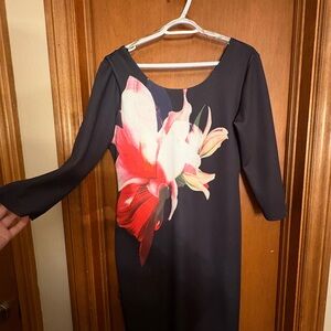 Frank Lyman Design Black Dress with Red and White Floral Pattern